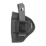 Black pistol holster with a metal retention clip and strap, shown from the side (Bulldog brand).