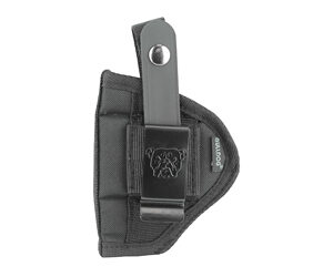 Black pistol holster with a metal retention clip and strap, shown from the side (Bulldog brand).