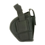 Black nylon pistol holster with retention strap and belt clip.
