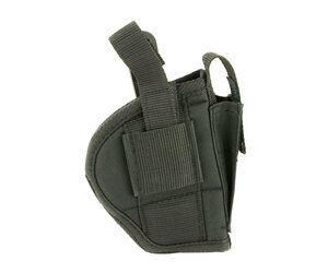 Black nylon pistol holster with retention strap and belt clip.
