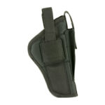 Black tactical handgun holster with belt clip, shown from the side on a white background