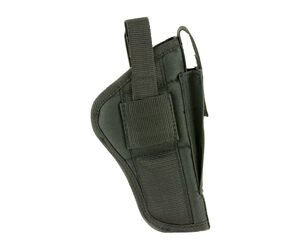 Black tactical handgun holster with belt clip, shown from the side on a white background