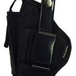 Black leather handgun holster with an adjustable strap and belt clip