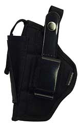 Black leather handgun holster with an adjustable strap and belt clip