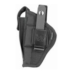 Black nylon pistol holster with adjustable strap and snap retention.