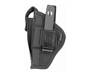 Black nylon pistol holster with adjustable strap and snap retention.