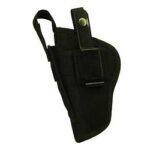 Black pistol holster with retention strap and belt clip on a white background