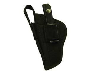 Black pistol holster with retention strap and belt clip on a white background