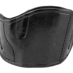 Black leather wrist cuff with stitched seams, shaped to fit around the wrist.