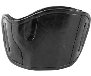 Black leather wrist cuff with stitched seams, shaped to fit around the wrist.