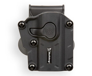 Dark gray polymer pistol holster with retention latch and belt clip, viewed from above.