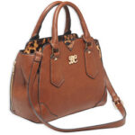 Brown leather handbag with leopard-print lining, gold-tone hardware and logo, two top handles and a detachable shoulder strap.