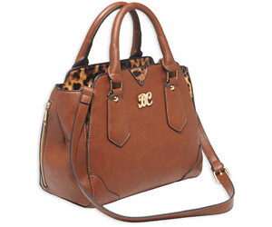 Brown leather handbag with leopard-print lining, gold-tone hardware and logo, two top handles and a detachable shoulder strap.
