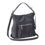 Black leather shoulder bag with a front zip pocket, top handle, and a detachable long strap.