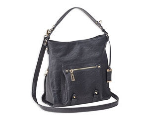 Black leather shoulder bag with a front zip pocket, top handle, and a detachable long strap.
