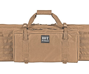 Tan tactical gear bag with MOLLE webbing on the sides and a central front pocket, shown from the front (duffel style).