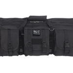 Black padded camera bag with multiple external pockets and front straps for gear transport.