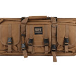 Brown tactical rifle carry bag with MOLLE webbing and three front pockets for gear