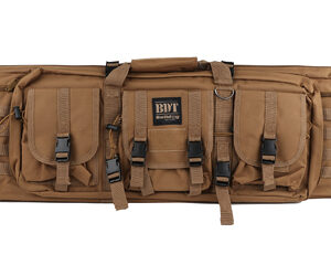 Brown tactical rifle carry bag with MOLLE webbing and three front pockets for gear