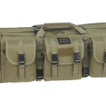 Long tan tactical rifle case with external pockets, buckles, and MOLLE webbing.