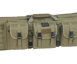 Long tan tactical rifle case with external pockets, buckles, and MOLLE webbing.