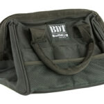 Black tool bag with two handles, zip closure, and a mesh side pocket.