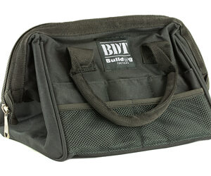 Black tool bag with two handles, zip closure, and a mesh side pocket.