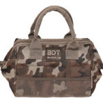 Camouflage-patterned duffel bag with two top handles and zip pockets on the sides/front edge of the bag.