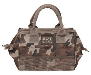 Camouflage-patterned duffel bag with two top handles and zip pockets on the sides/front edge of the bag.