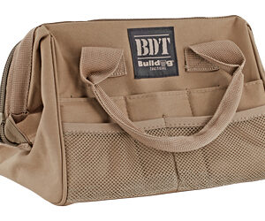 Tan tool bag with dual handles, multiple external pockets, and a zipper compartment; resembles a compact professional toolkit bag.