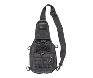 Black tactical sling backpack with multiple zip pockets and an adjustable shoulder strap (compact crossbody bag).