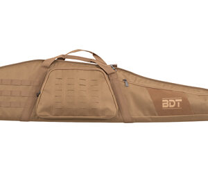 Long tan rifle carrying case with MOLLE webbing, top handle, pockets, and a BDT logo.