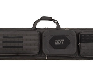 Long black tactical equipment case with three zippered compartments and a central carry handle on top edge.