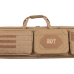 Tan tactical rifle case with three zipped compartments and a top handle; BDT logo on the center pocket area.