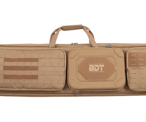 Tan tactical rifle case with three zipped compartments and a top handle; BDT logo on the center pocket area.