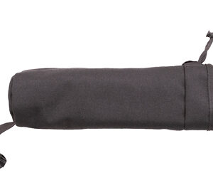 Black cylindrical fabric pouch with a drawstring closure and a side clip, shown on a white background.