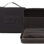 Black zippered carrying case open to reveal interior with folded organizers/pouches inside.