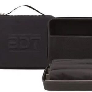 Black zippered carrying case open to reveal interior with folded organizers/pouches inside.