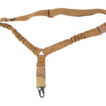Beige adjustable strap harness with a central Y-shaped join and a metal carabiner at the bottom.
