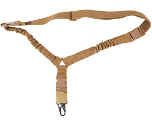 Beige adjustable strap harness with a central Y-shaped join and a metal carabiner at the bottom.