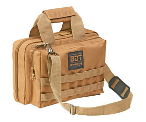 Tan multi-pocket tool bag with two zip compartments, two top handles, and an adjustable shoulder strap.