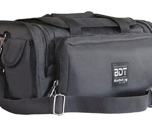 Black rectangular tool bag with multiple zip pockets, a front pouch, and an adjustable shoulder strap with metal hardware.
