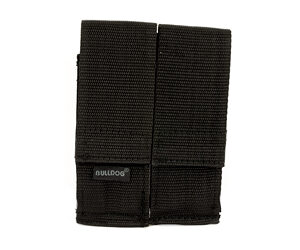 Double-pocket black nylon belt pouch/holster with two compartments and Bulldog branding.