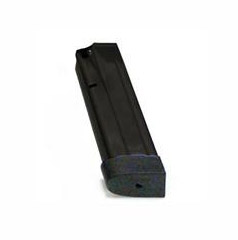 Black detachable handgun magazine on a white background.