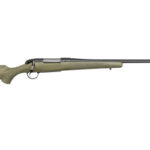 Side view of an olive-green bolt-action rifle with a long barrel and wooden stock.