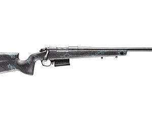 Bolt-action hunting rifle in profile with carbon-fiber patterned stock, long barrel, and detachable magazine.