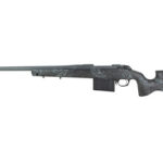 Bolt-action sniper rifle with a long barrel and camouflage-patterned stock shown in profile, laid horizontally on a white background.