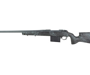 Bolt-action sniper rifle with a long barrel and camouflage-patterned stock shown in profile, laid horizontally on a white background.