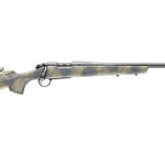 Bolt-action rifle with a camouflage-patterned stock and long barrel.