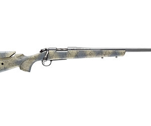 Bolt-action rifle with a camouflage-patterned stock and long barrel.
